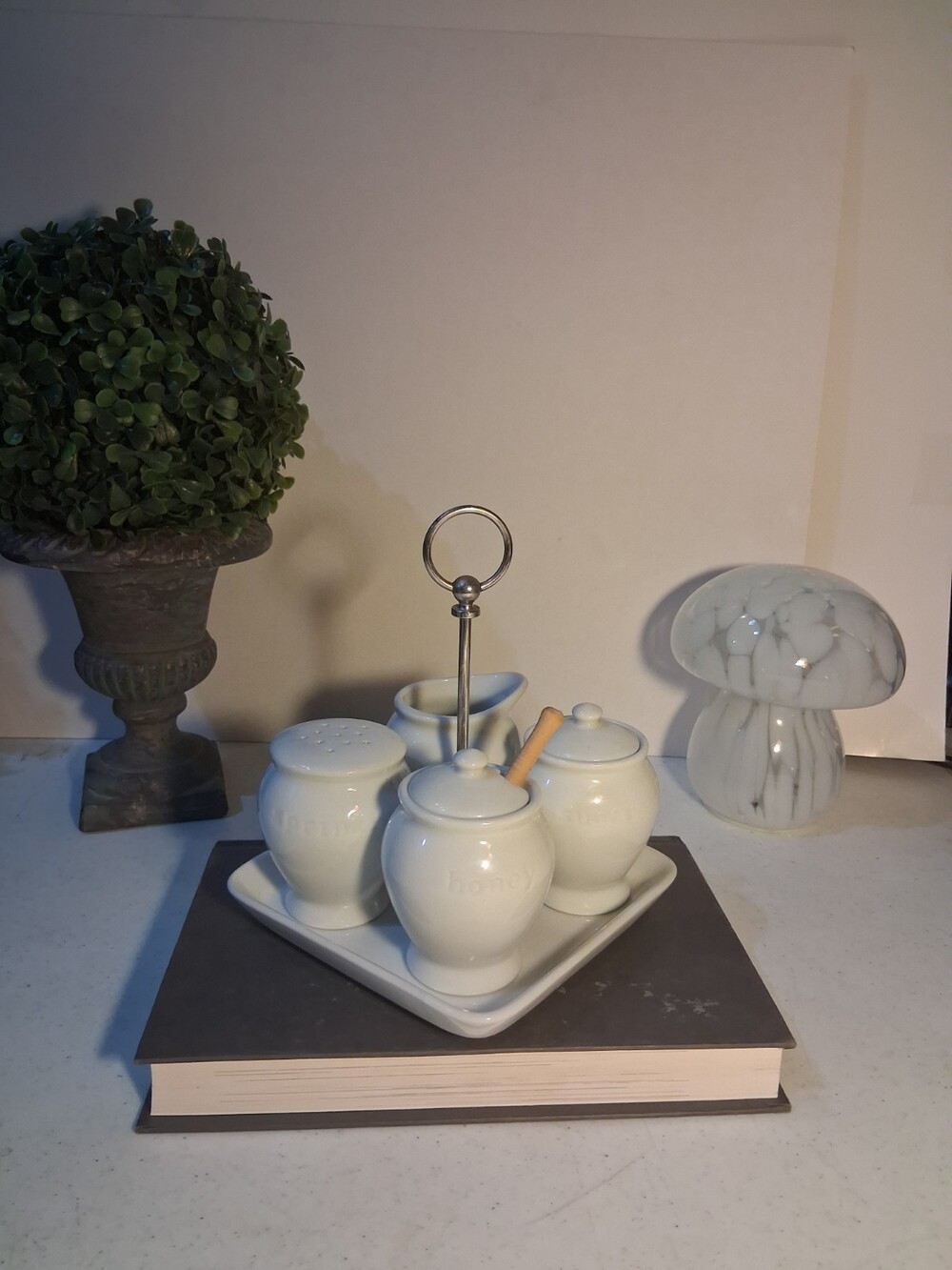 Pottery Barn Great White Coffee Condiment Set Caddy (Missing Spoon)